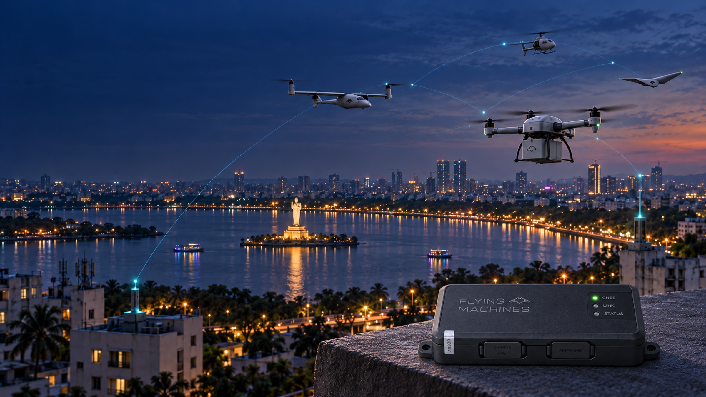 Drones above an Indian city at dusk, connected through a Flying Machines identity unit.